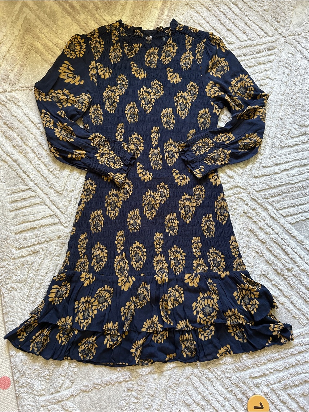 Margaret O’Leary Women's Navy and Mustard Floral Long-Sleeve Dress